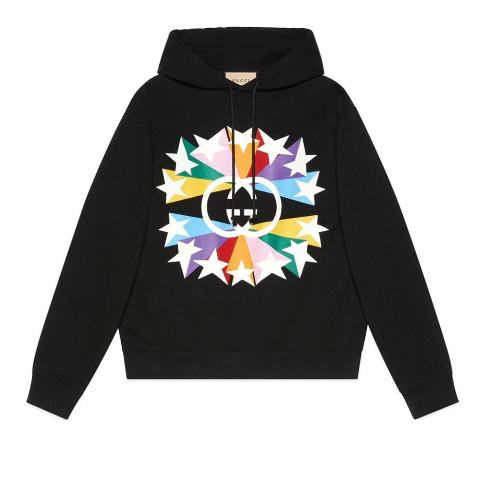 New Gucci Men Sweatshirt Hoodie Interlocking GG Star Bursting Print Black Sz L